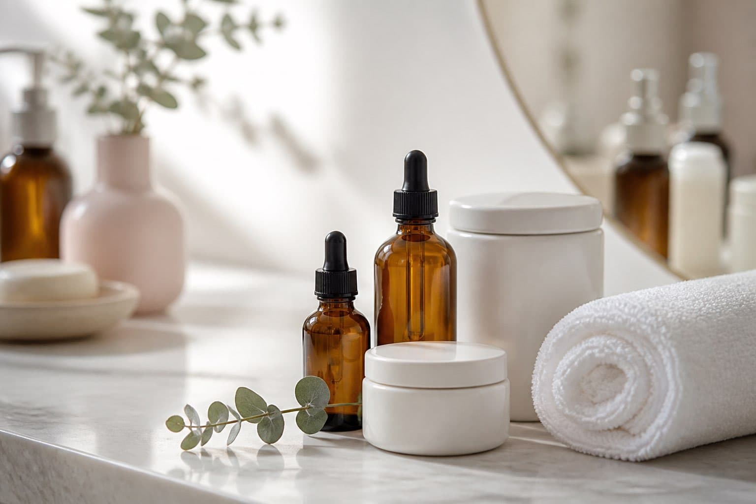 Dettaglio di prodotti cosmetici e asciugamani nella cabina trattamenti