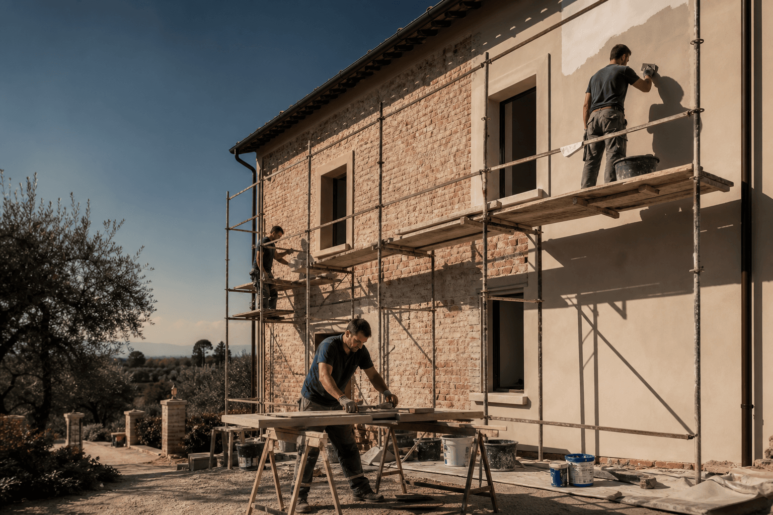 Cantiere edile italiano con ristrutturazione di qualità: facciata in lavorazione e maestranze al lavoro