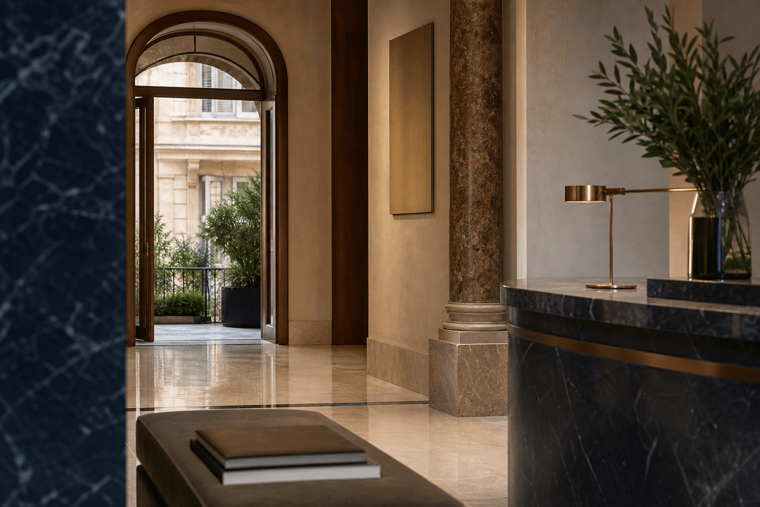 Interno elegante di uno studio professionale italiano: reception con legno, marmo e luce naturale