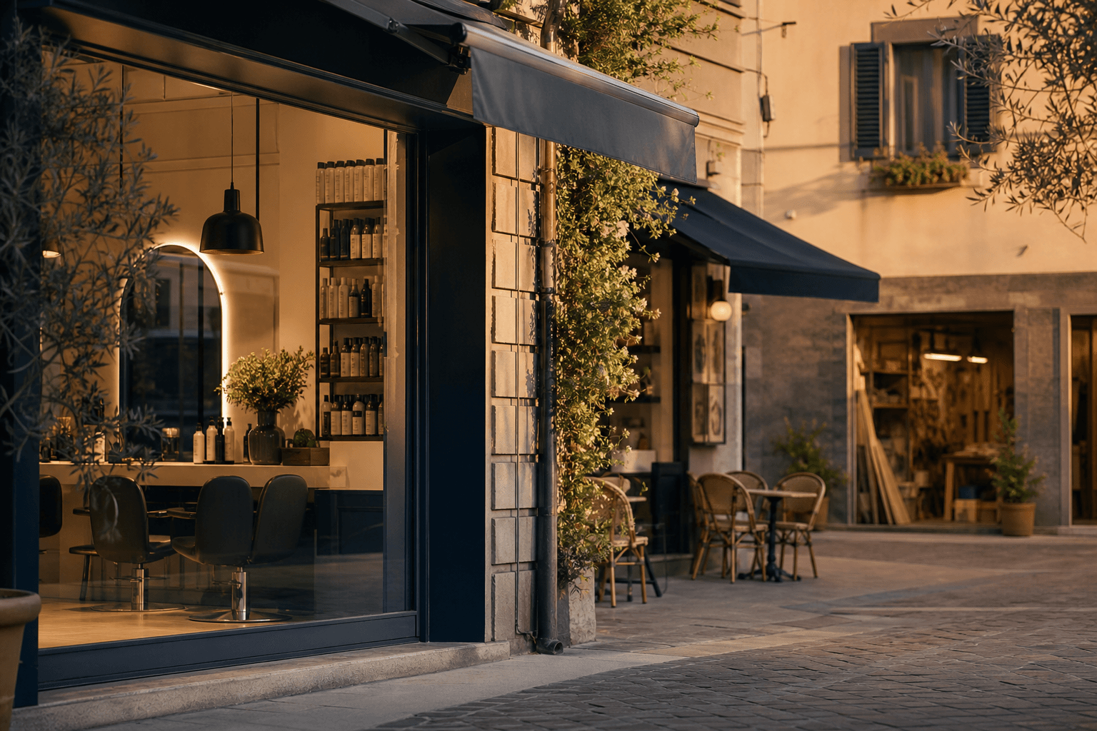 Vetrine di attività locali italiane: parrucchiere, bar e laboratorio artigiano in una strada di quartiere