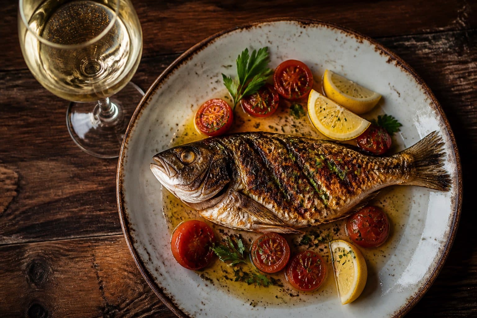 Piatto di pesce fresco appena servito su un tavolo di legno