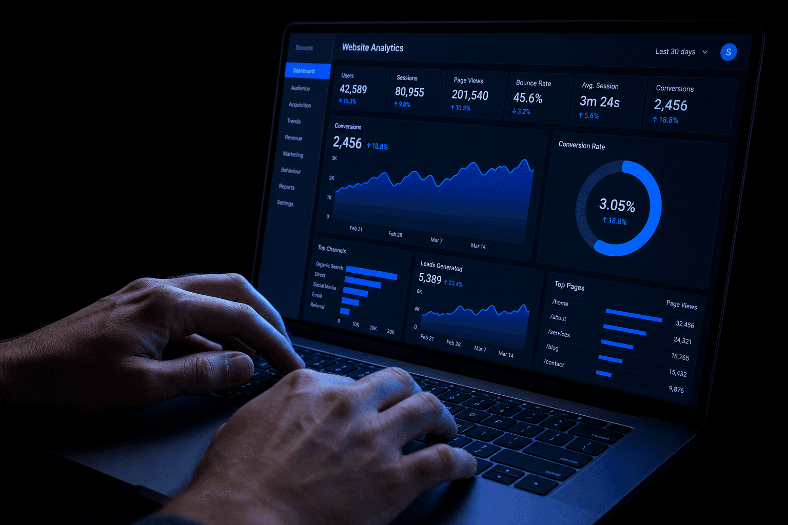 Dashboard di analisi di un sito: visite, conversioni e richieste di contatto generate