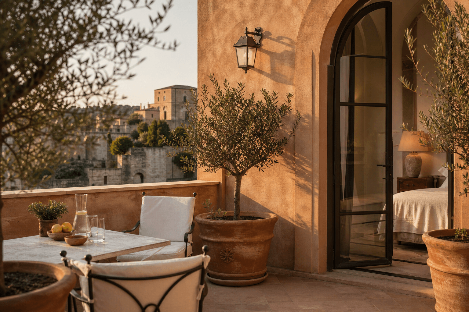Terrazza elegante di una struttura ricettiva italiana: atmosfera accogliente con architettura mediterranea e luce calda